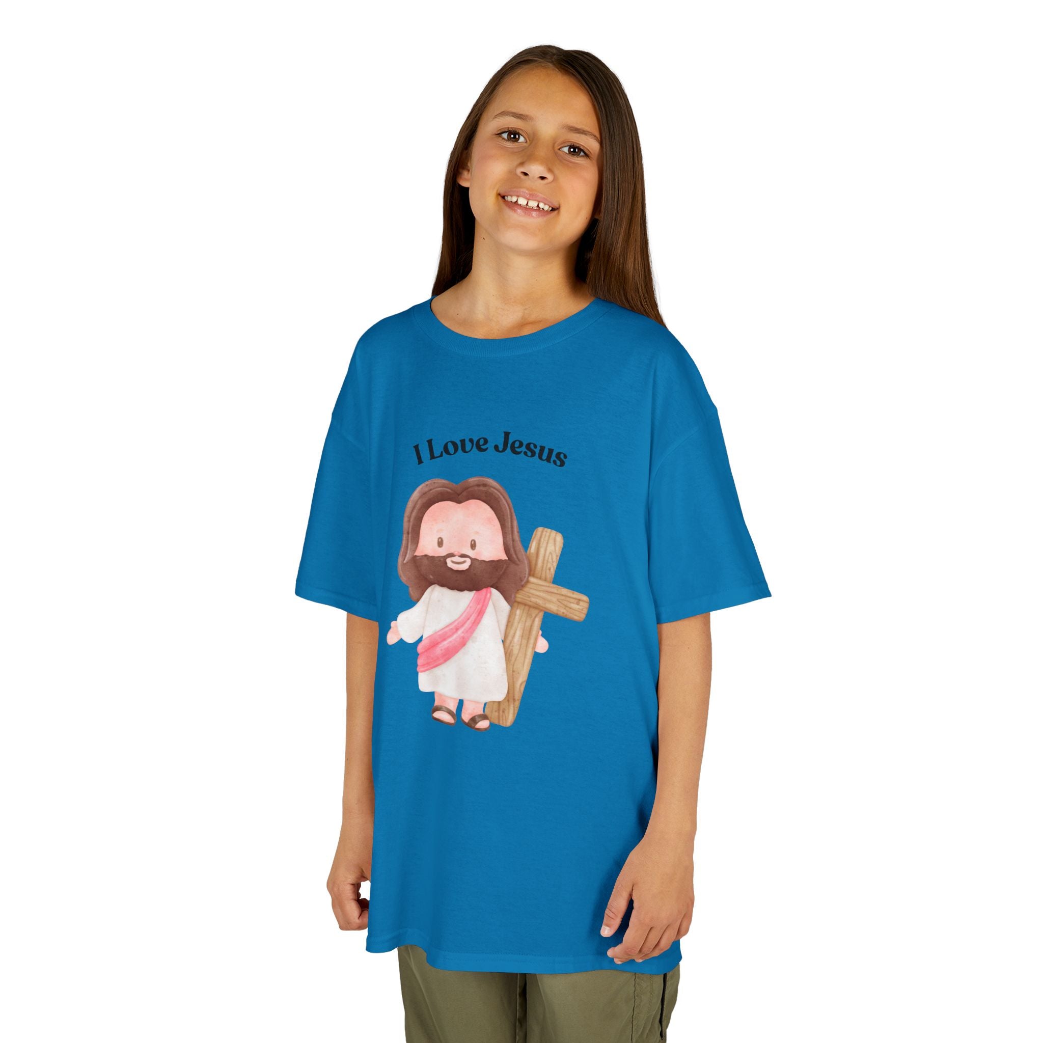 Kids T-Shirt — Cute "I Love Jesus" Cartoon Jesus Holding Cross — Christian Easter Gift for Children