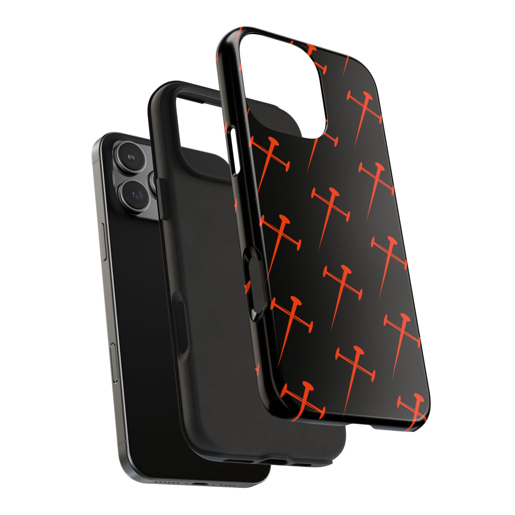Black Tough Phone Case with Orange Nail Cross Pattern