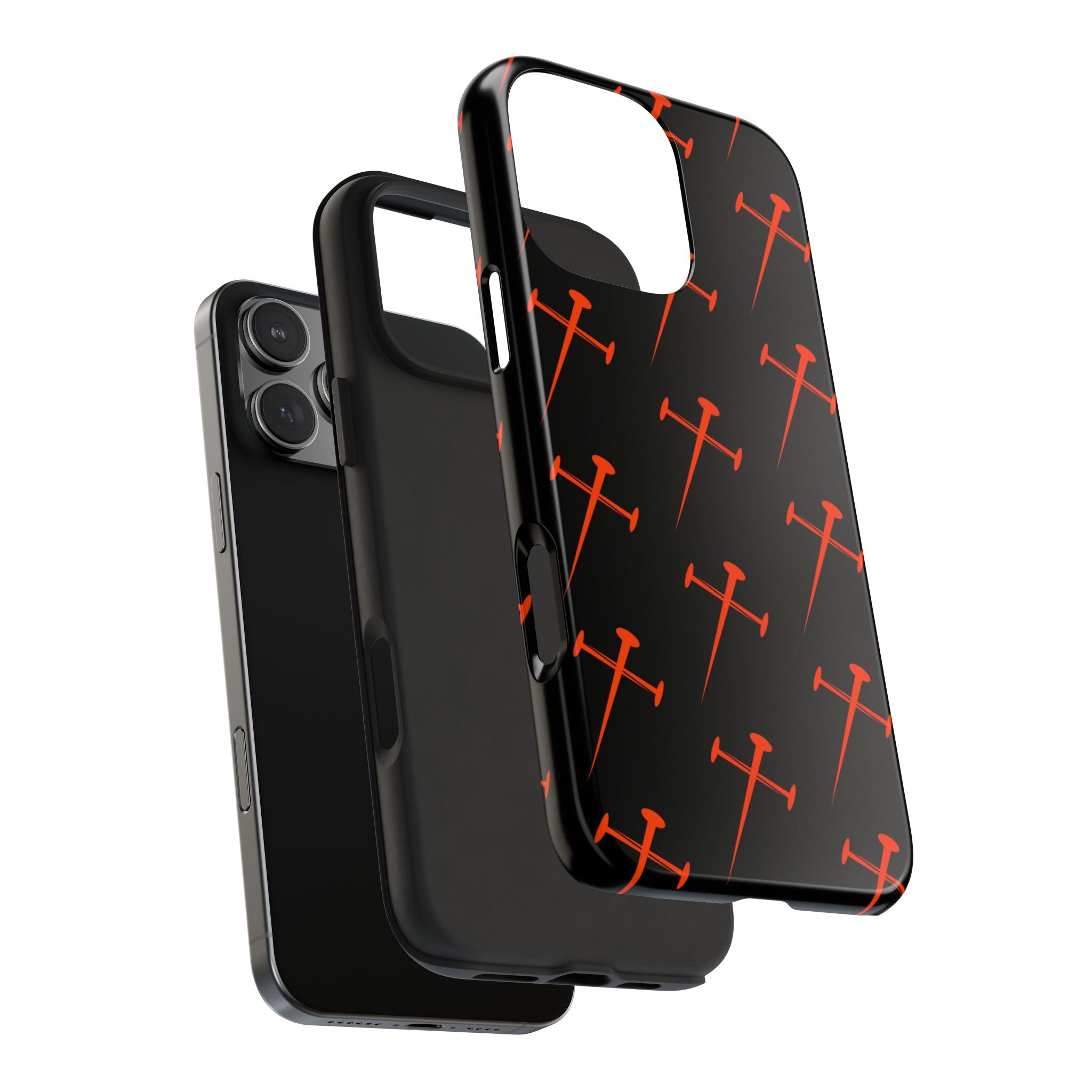 Black Tough Phone Case with Orange Nail Cross Pattern