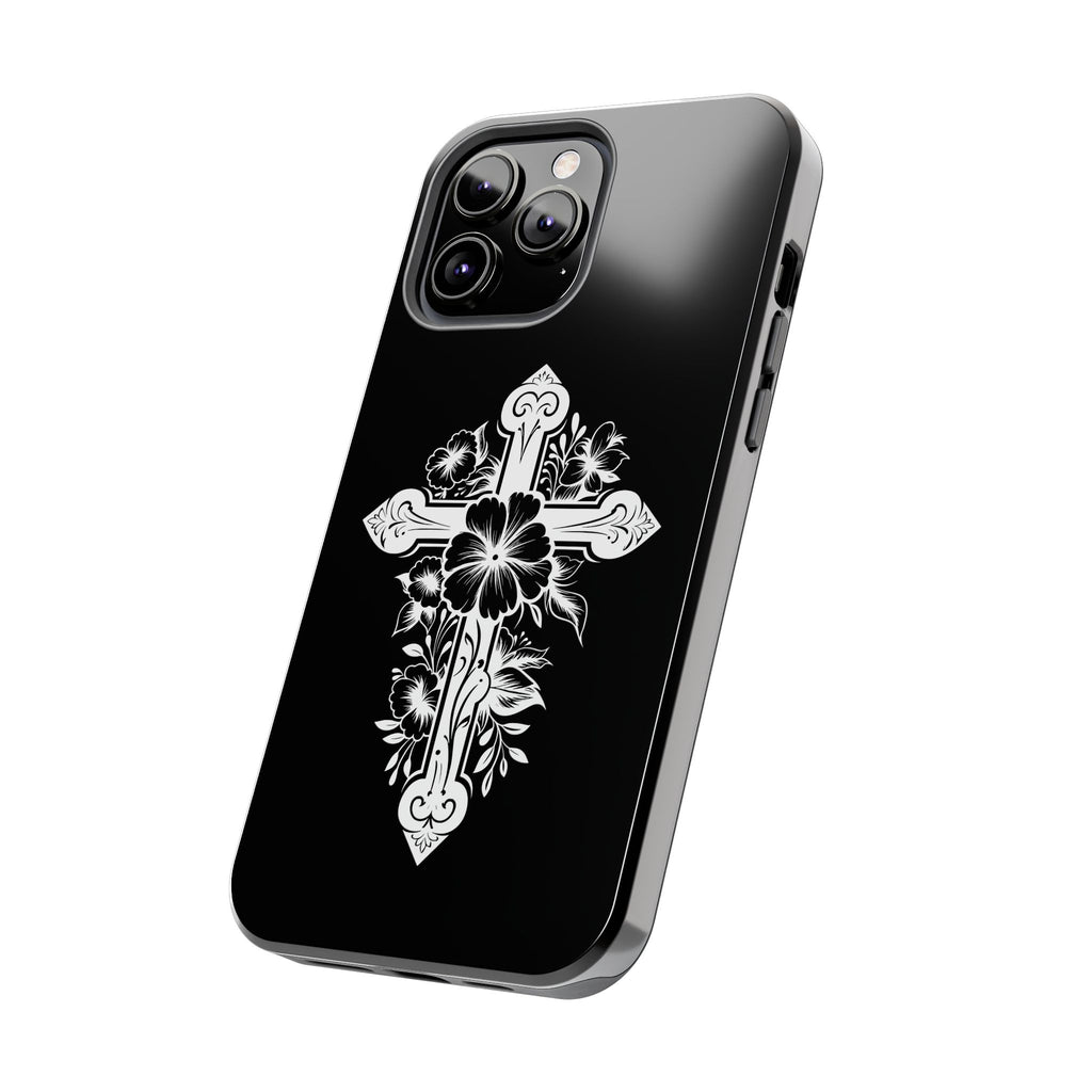Floral Cross Tough Phone Case — Black Protective Christian Phone Cover