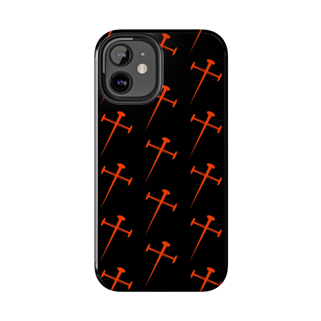 Black Tough Phone Case with Orange Nail Cross Pattern