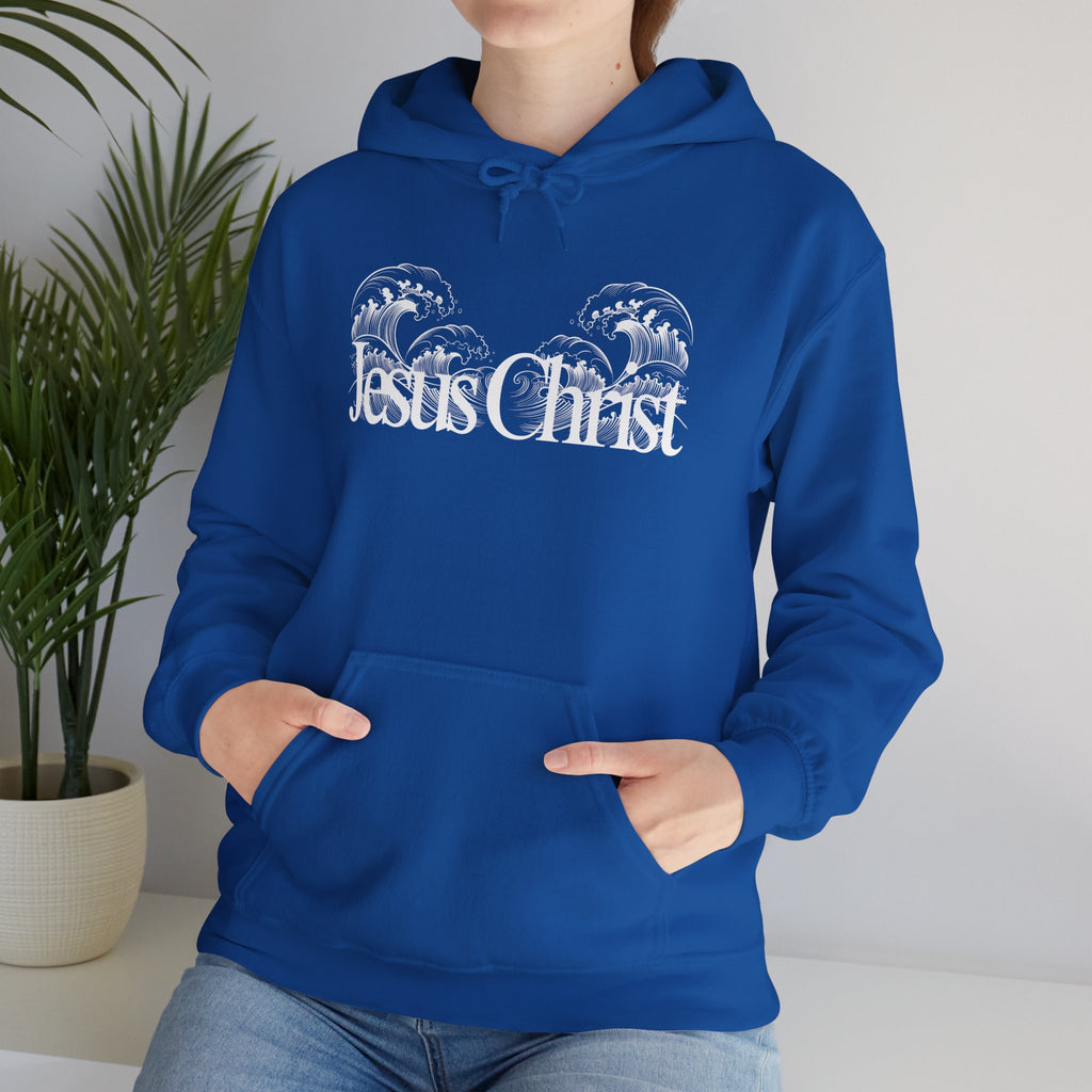 Jesus Christ Hoodie — Wave Graphic with Scripture Back (Faith-Based Christian Sweatshirt)