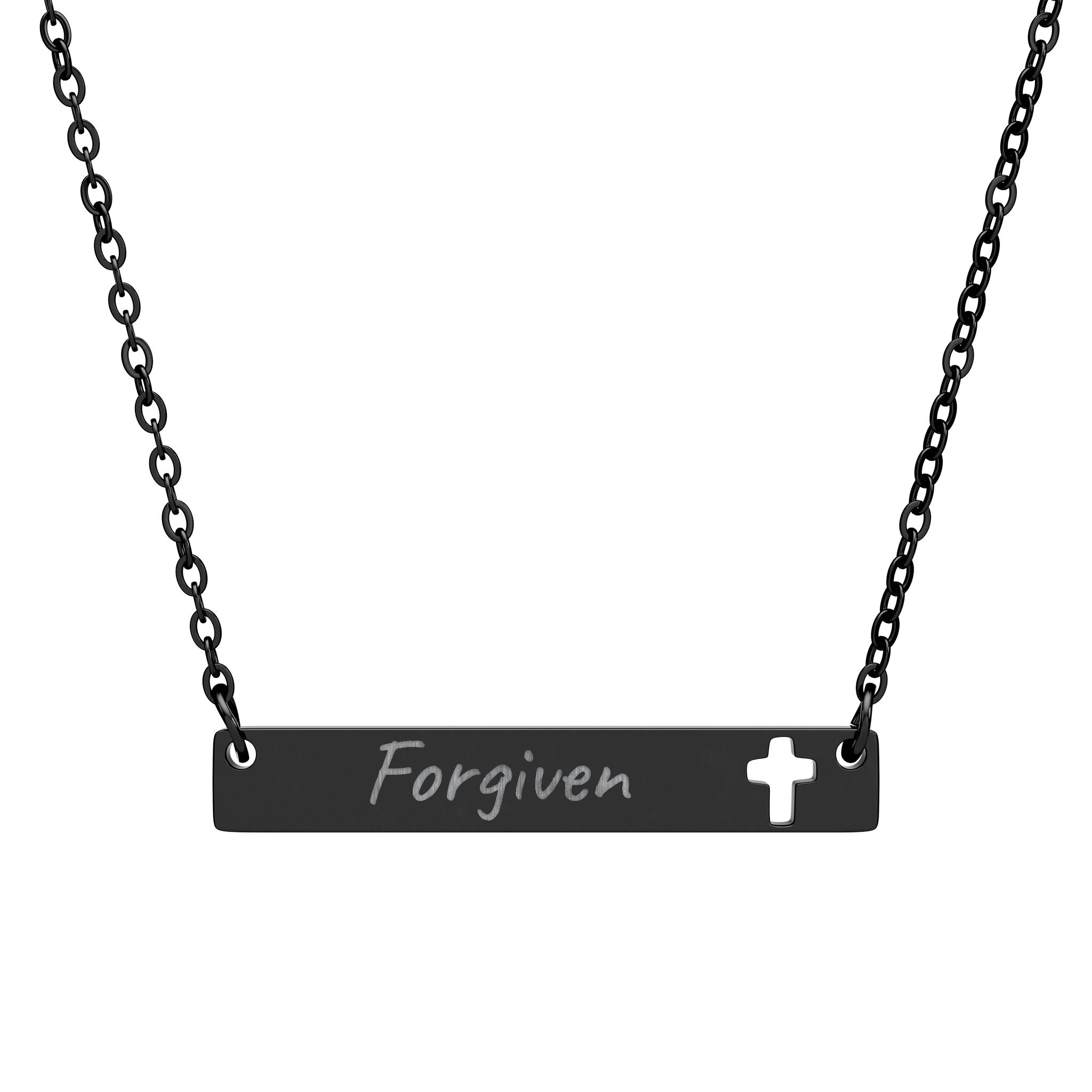 Forgiven Cutout Cross Bar Necklace — Engraved Christian Pendant