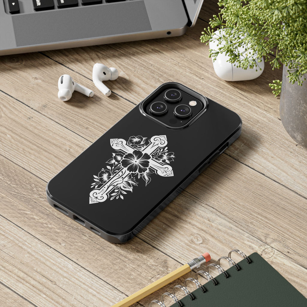 Floral Cross Tough Phone Case — Black Protective Christian Phone Cover