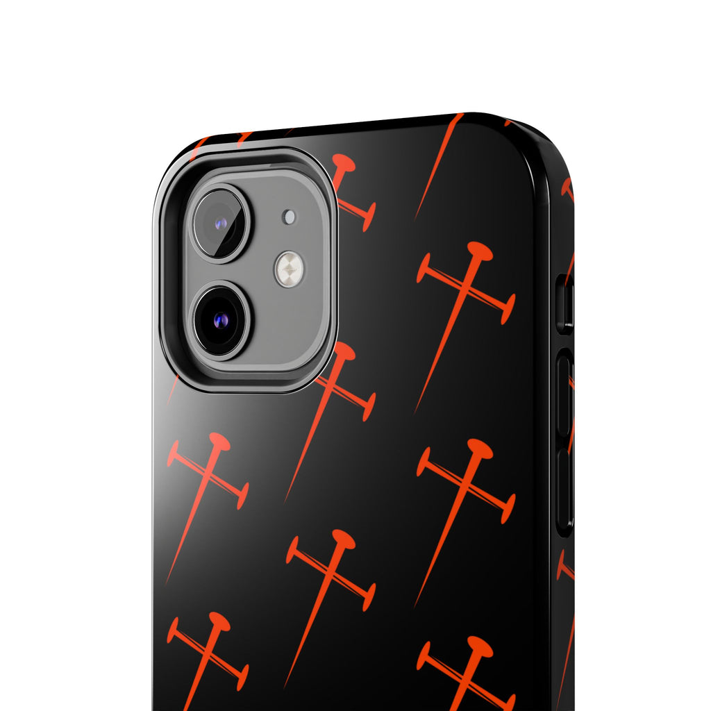 Black Tough Phone Case with Orange Nail Cross Pattern