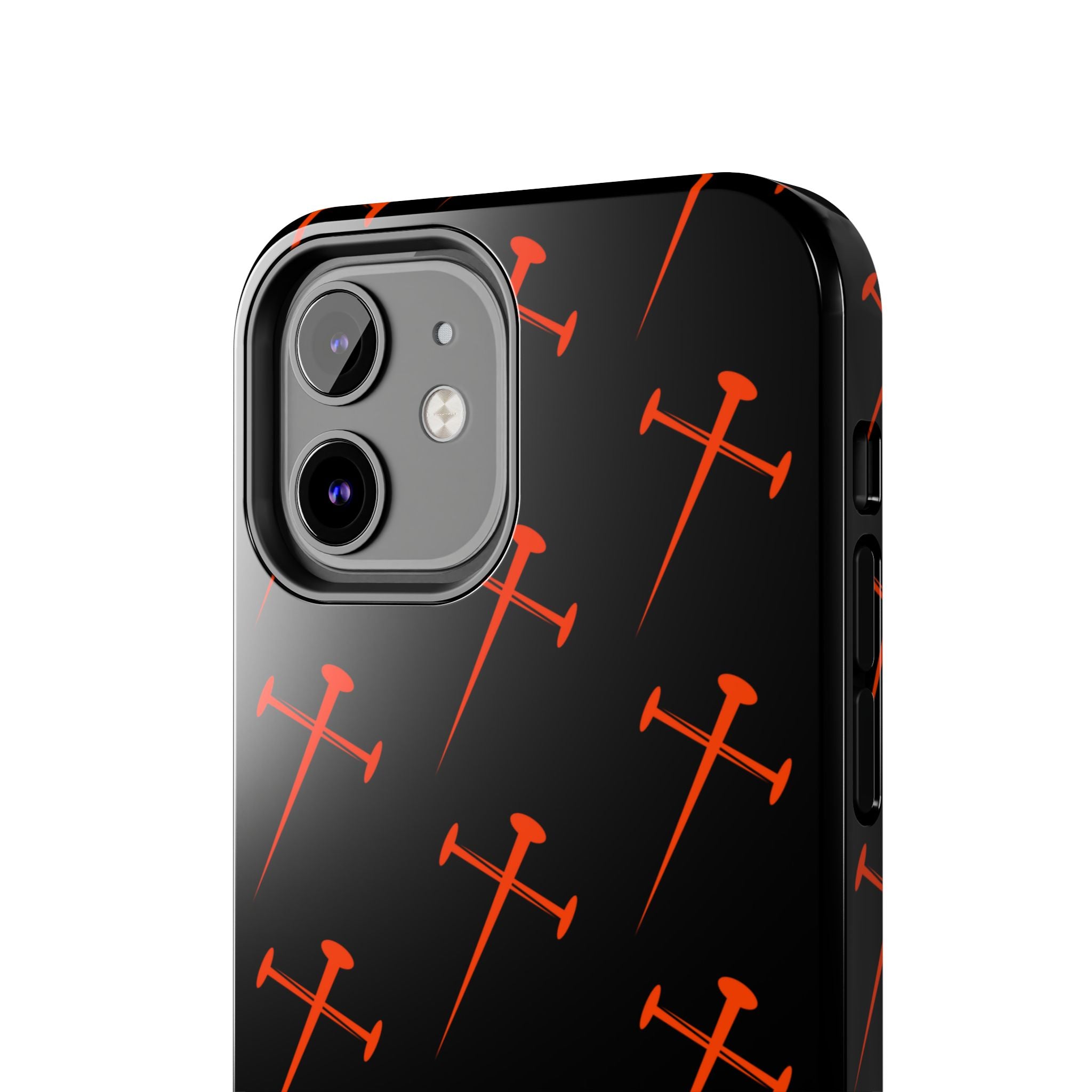 Black Tough Phone Case with Orange Nail Cross Pattern