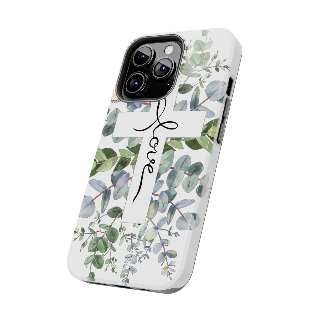 Religious Cross Tough Phone Case — Eucalyptus Floral "Love" Design