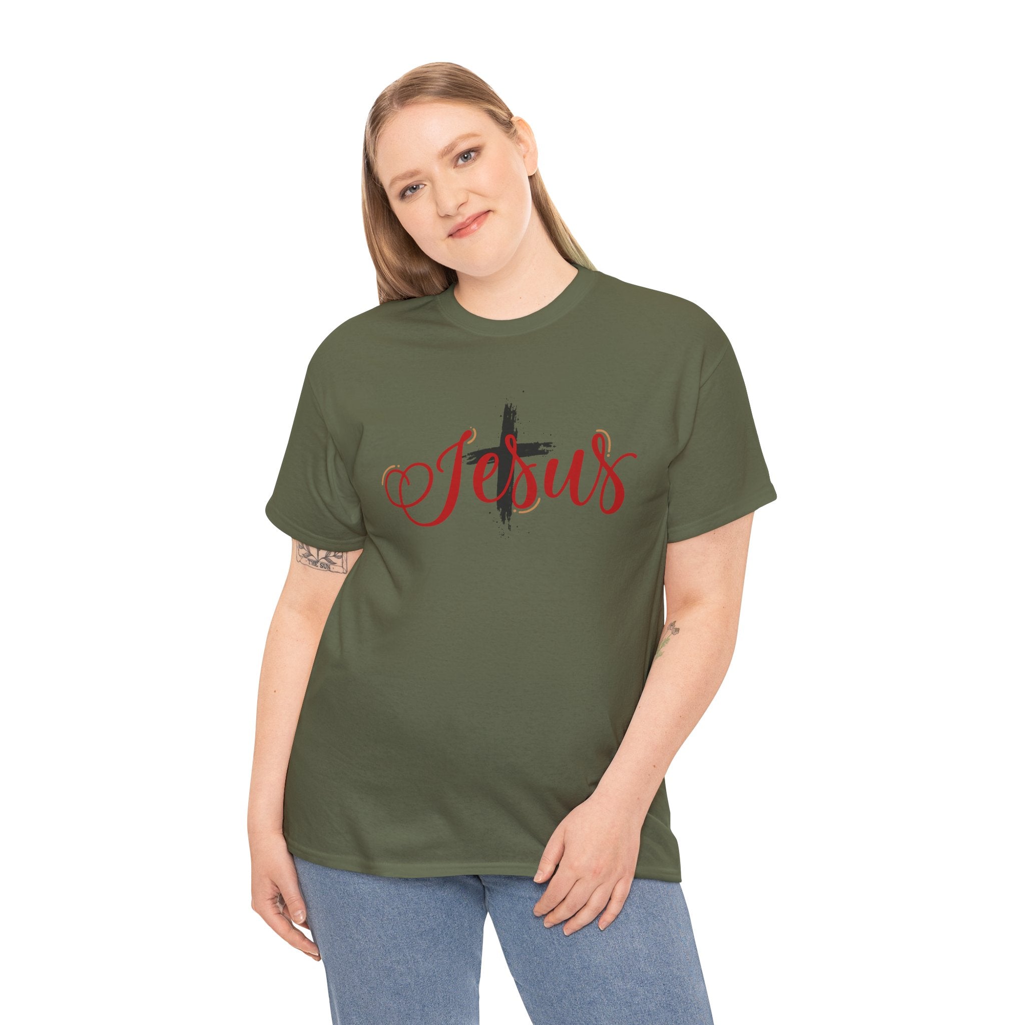 Jesus Cross T-Shirt — Red Brushstroke Faith Tee with Scripture Back (John 14:6)