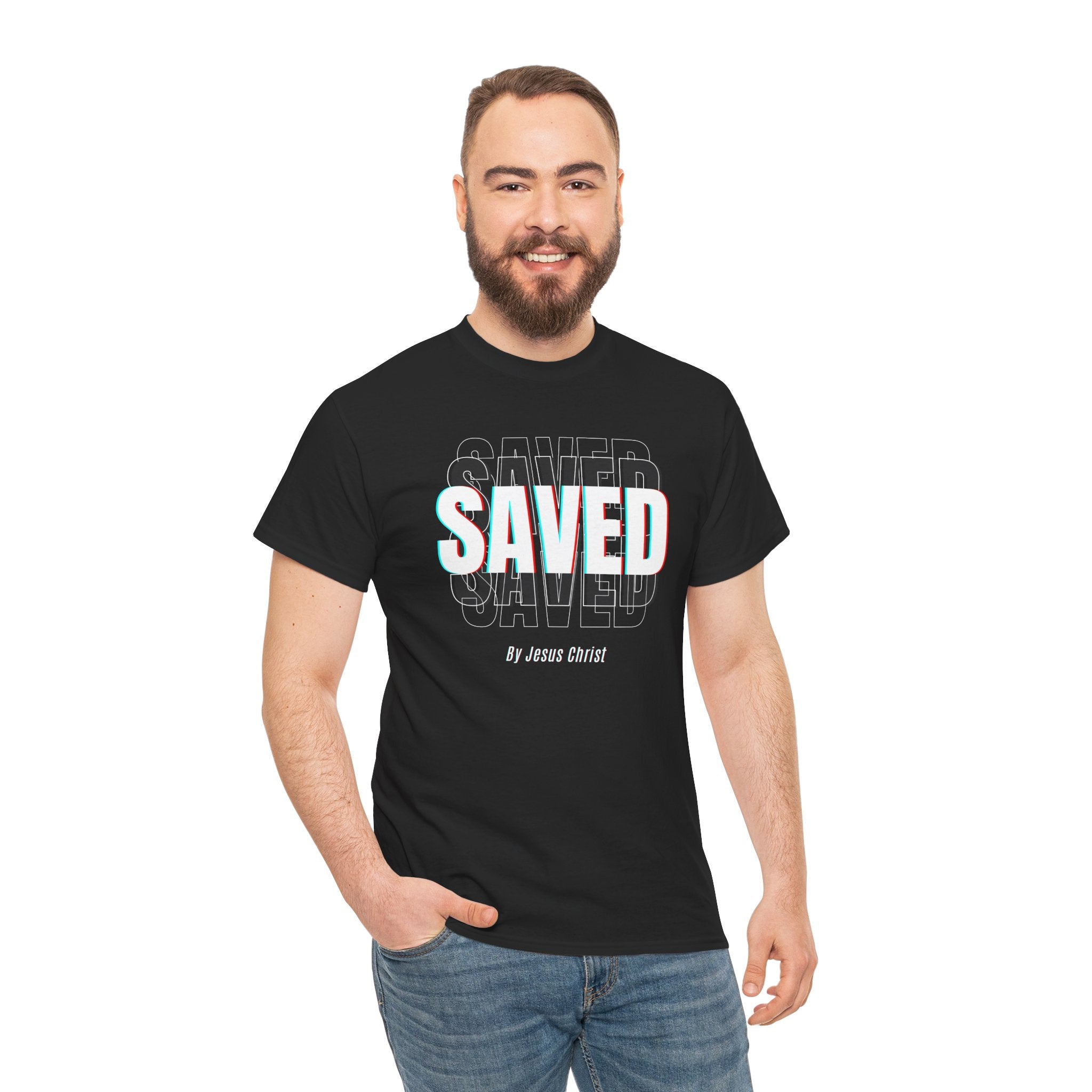 Saved Graphic Tee — "SAVED" Christian Faith T-Shirt (Romans 10:9 Back)