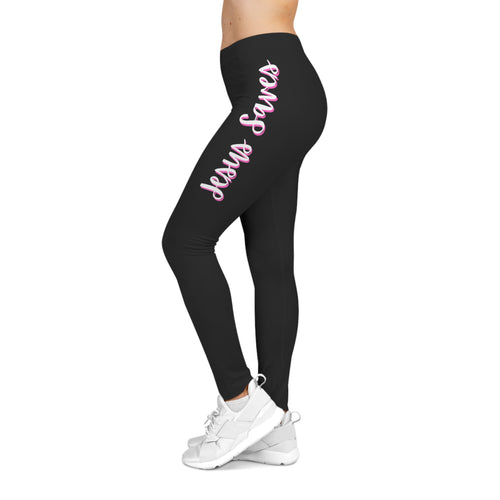 Black Jesus Saves Pink and White Women’s Leggings — Pink Brushstroke