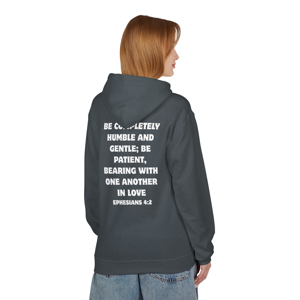 Christian Hoodie – "Grow in Love" Floral Cross with Ephesians 4:2 Verse Back