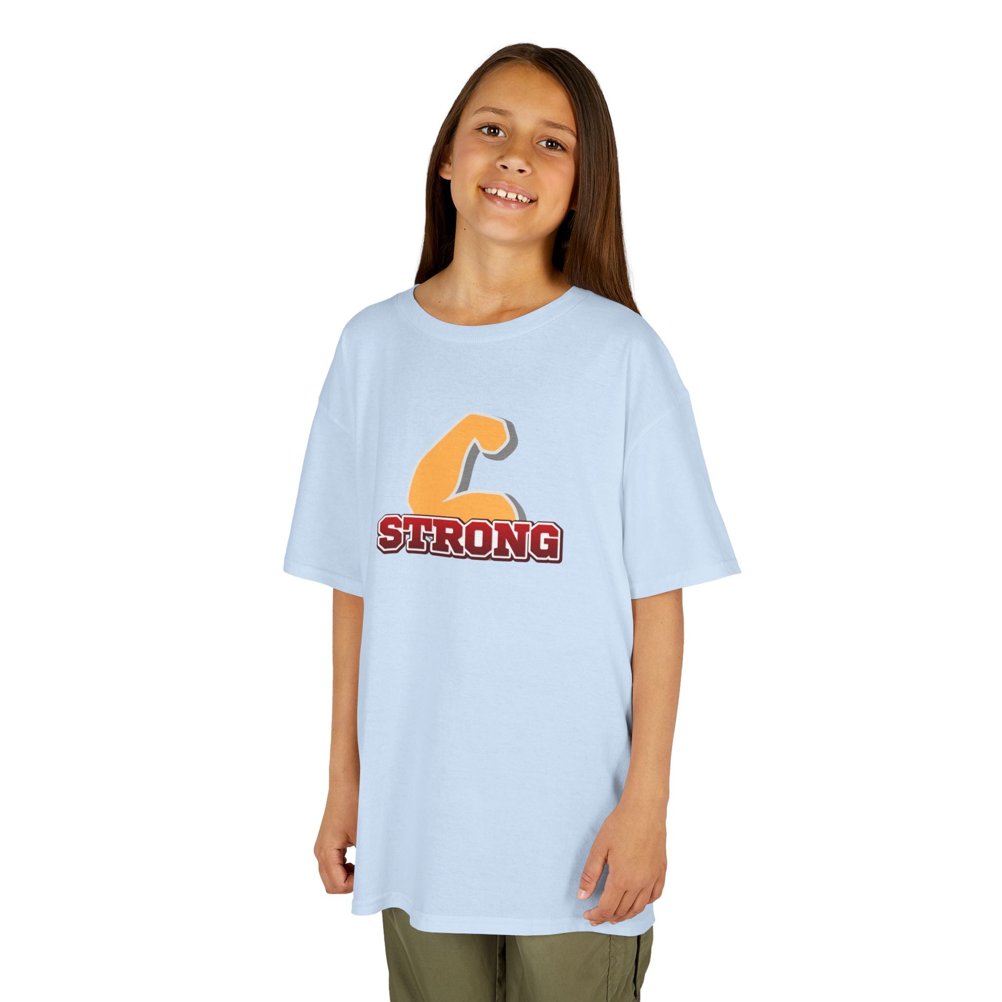 Kids Tee — "Strong" Muscle Graphic with Philippians 4:13 Back (Christian Inspirational)