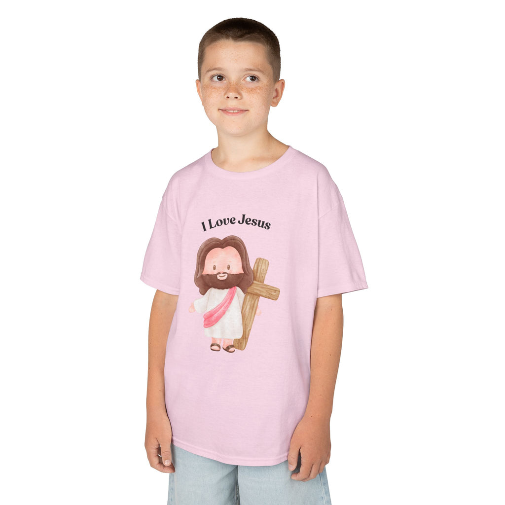 Kids T-Shirt — Cute "I Love Jesus" Cartoon Jesus Holding Cross — Christian Easter Gift for Children