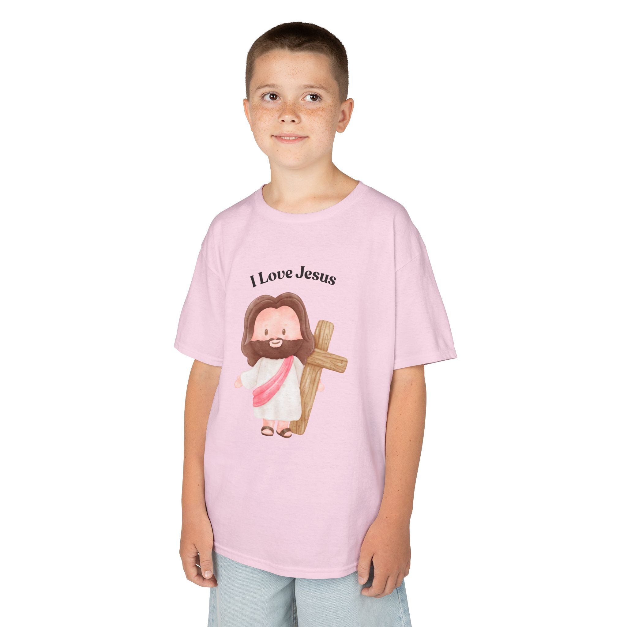 Kids T-Shirt — Cute "I Love Jesus" Cartoon Jesus Holding Cross — Christian Easter Gift for Children