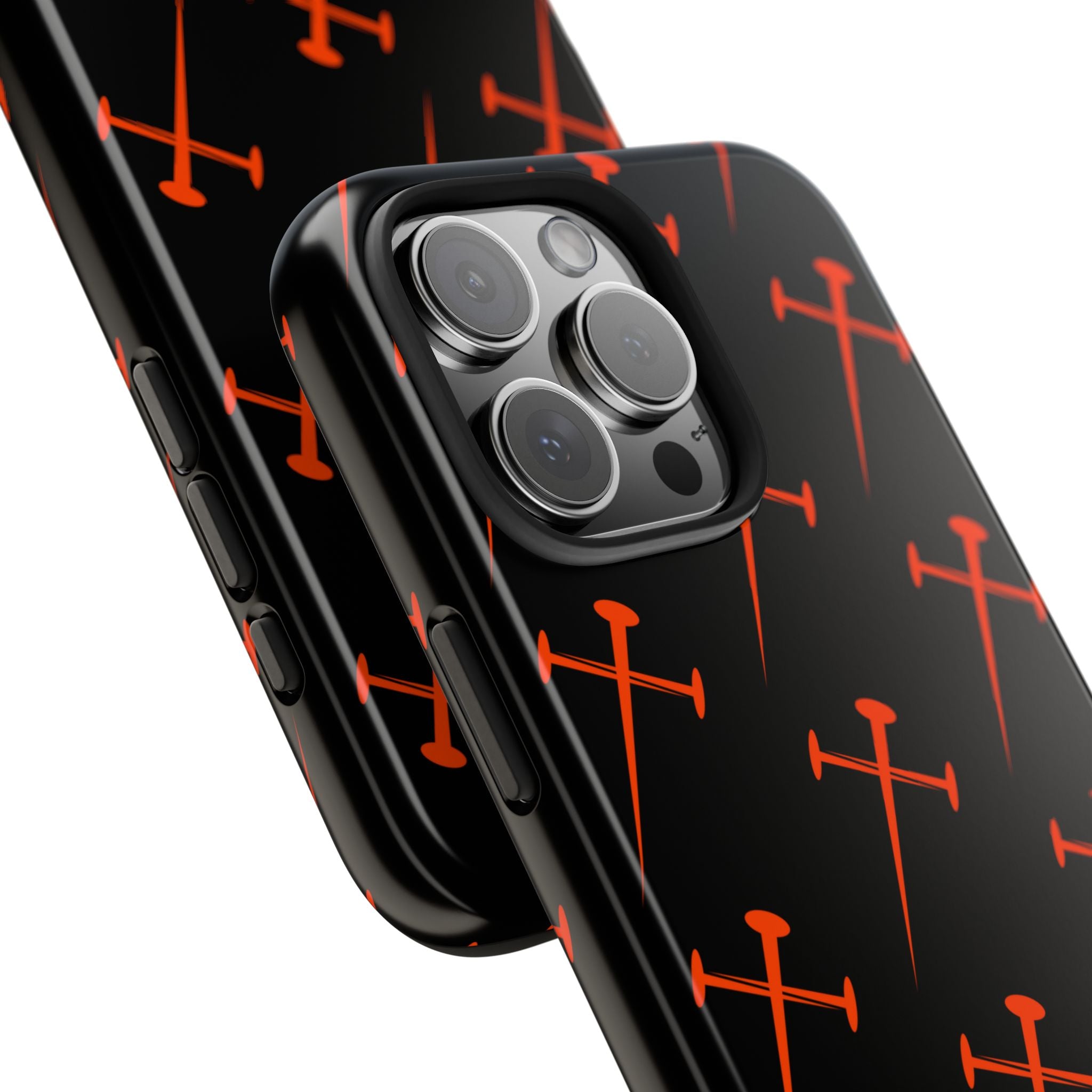 Black Tough Phone Case with Orange Nail Cross Pattern