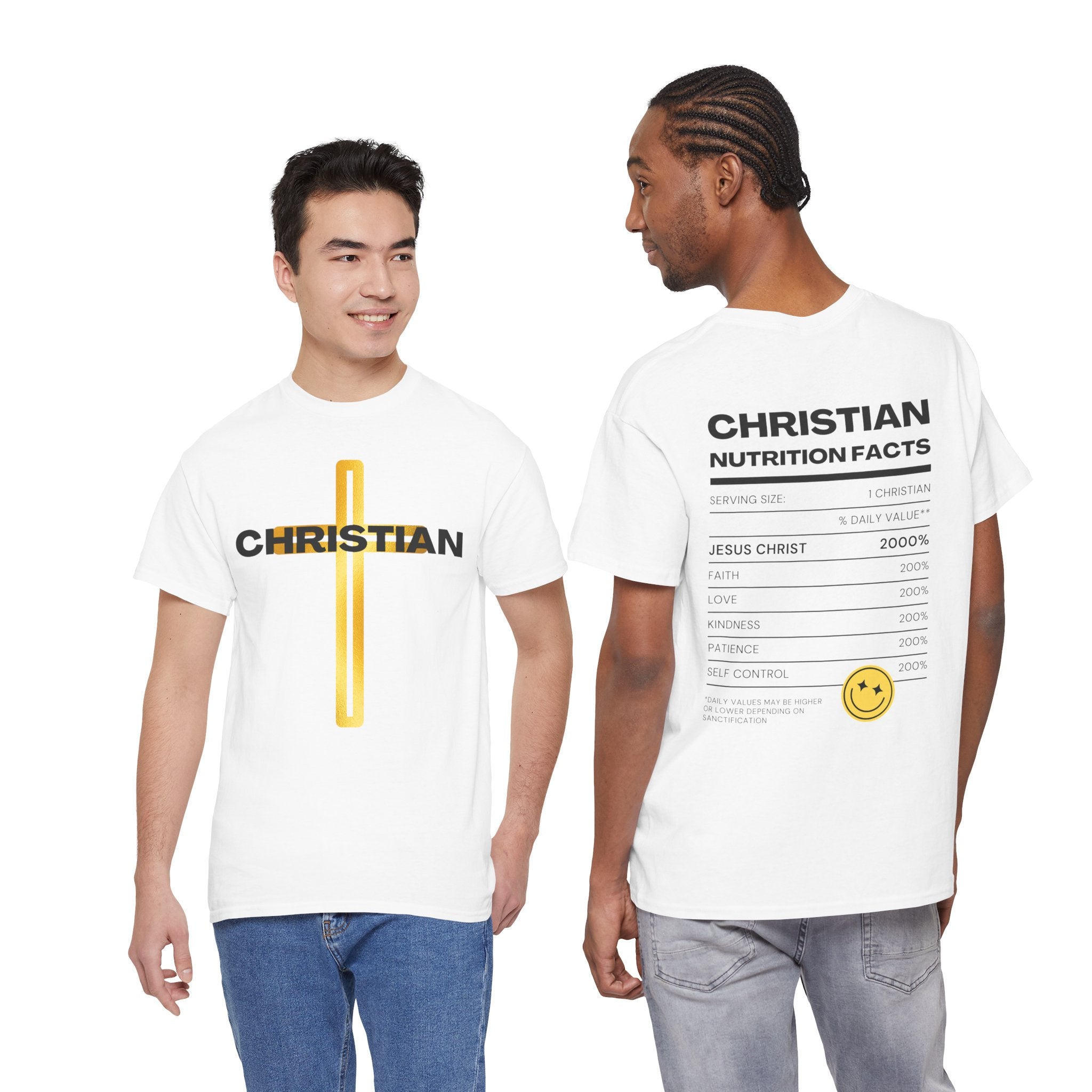 Christian Nutrition Facts Tee — Faith-Based Graphic T-Shirt with Cross & Nutrition Label Back