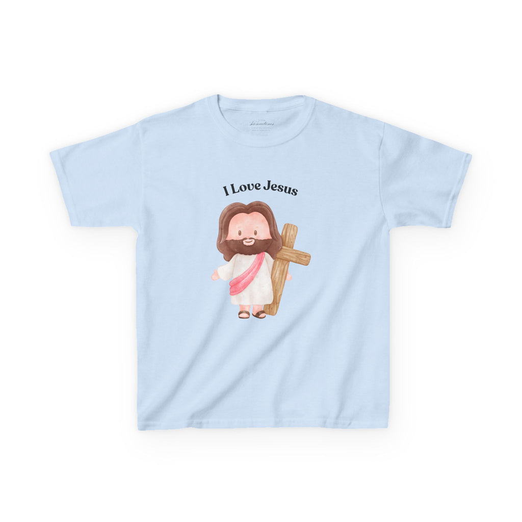 Kids T-Shirt — Cute "I Love Jesus" Cartoon Jesus Holding Cross — Christian Easter Gift for Children