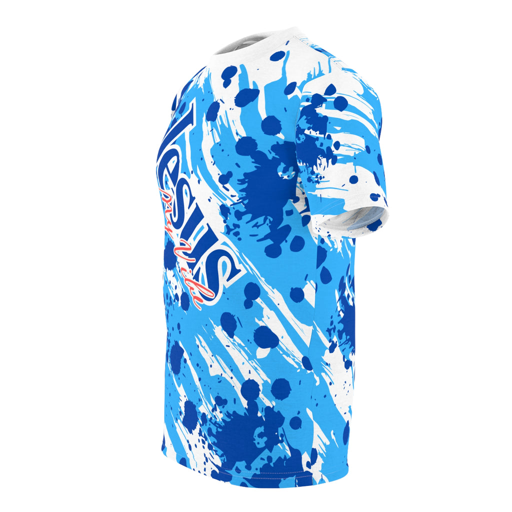 Jesus is My Vibe Splash Graphic Tee — Blue All-Over Print Christian Shirt