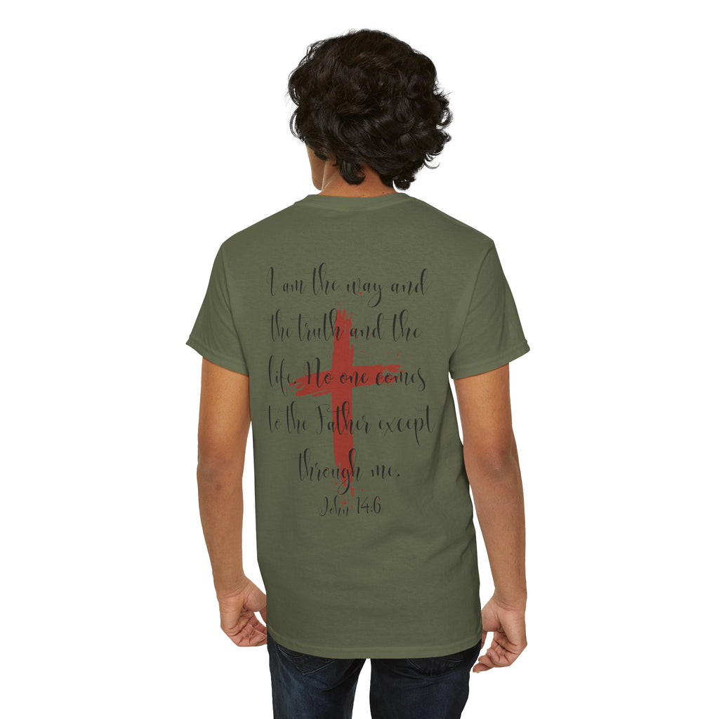 Jesus Cross T-Shirt — Red Brushstroke Faith Tee with Scripture Back (John 14:6)