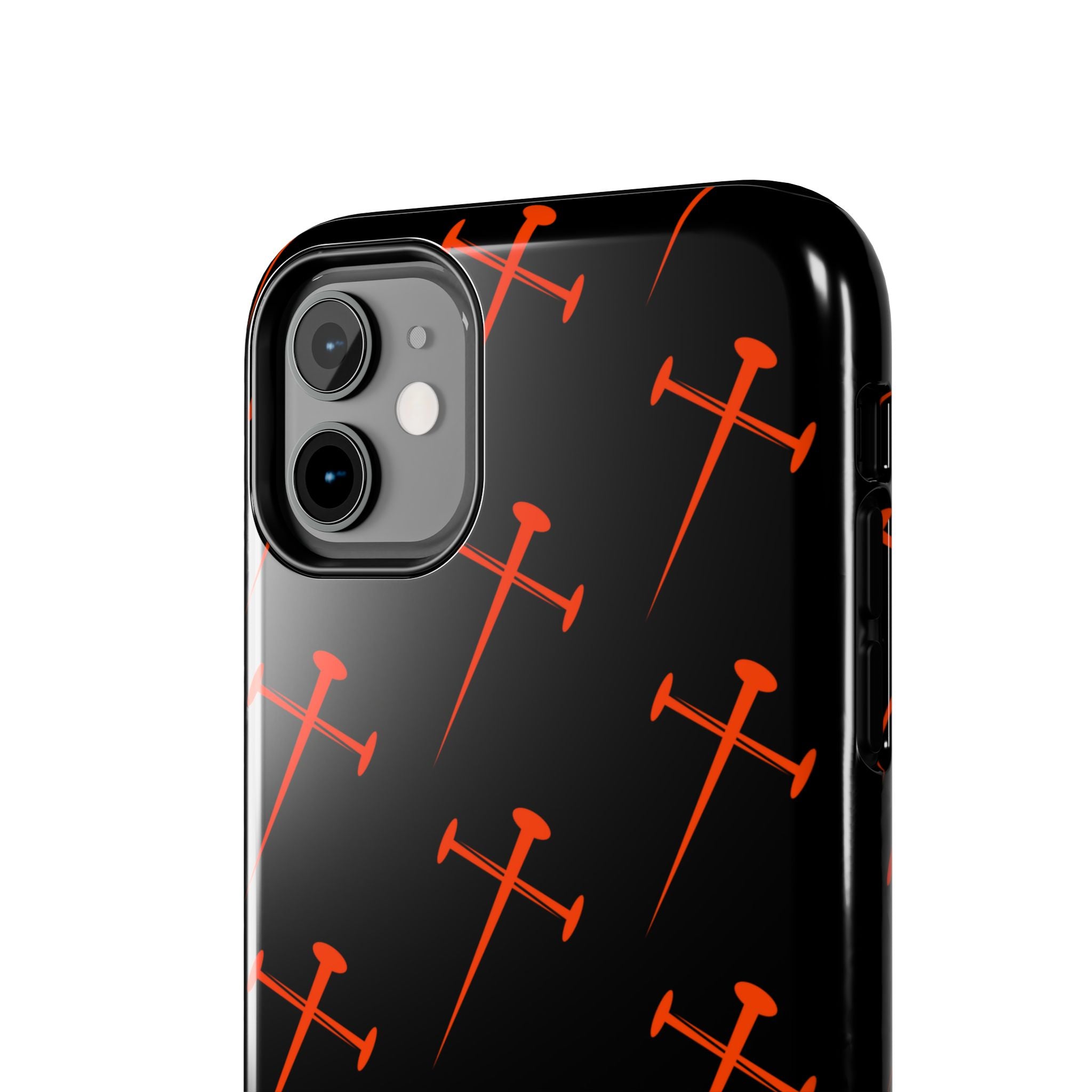 Black Tough Phone Case with Orange Nail Cross Pattern