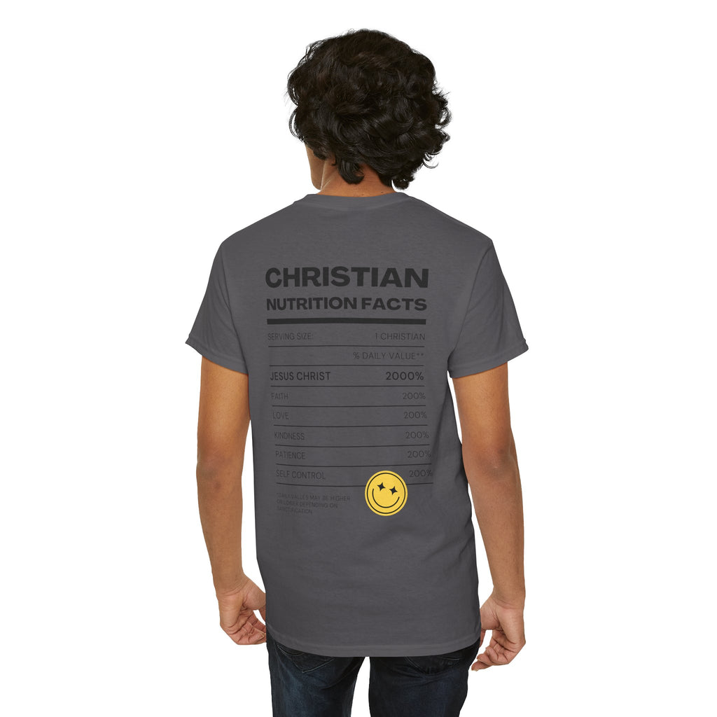Christian Nutrition Facts Tee — Faith-Based Graphic T-Shirt with Cross & Nutrition Label Back