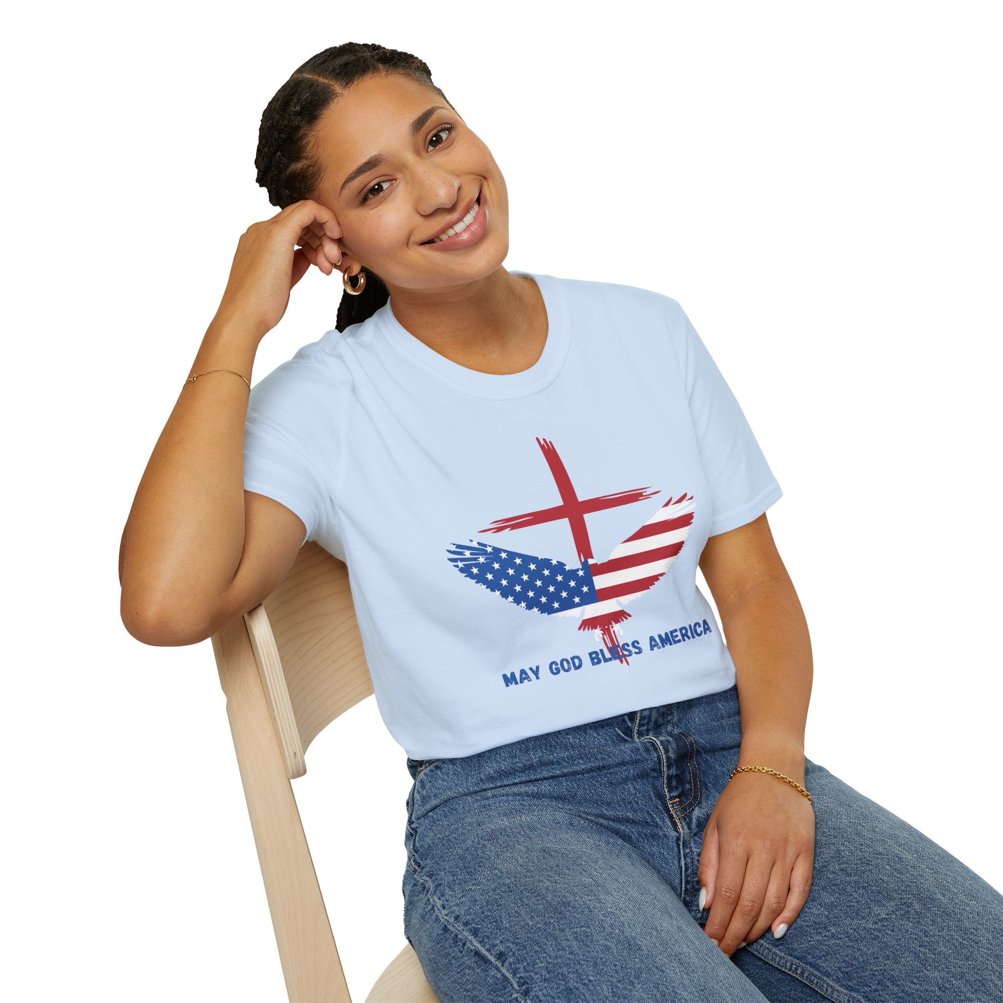 Patriotic Eagle T-Shirt — "May God Bless America" Flag Cross Graphic