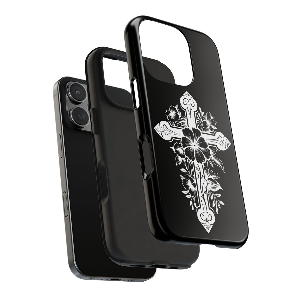 Floral Cross Tough Phone Case — Black Protective Christian Phone Cover