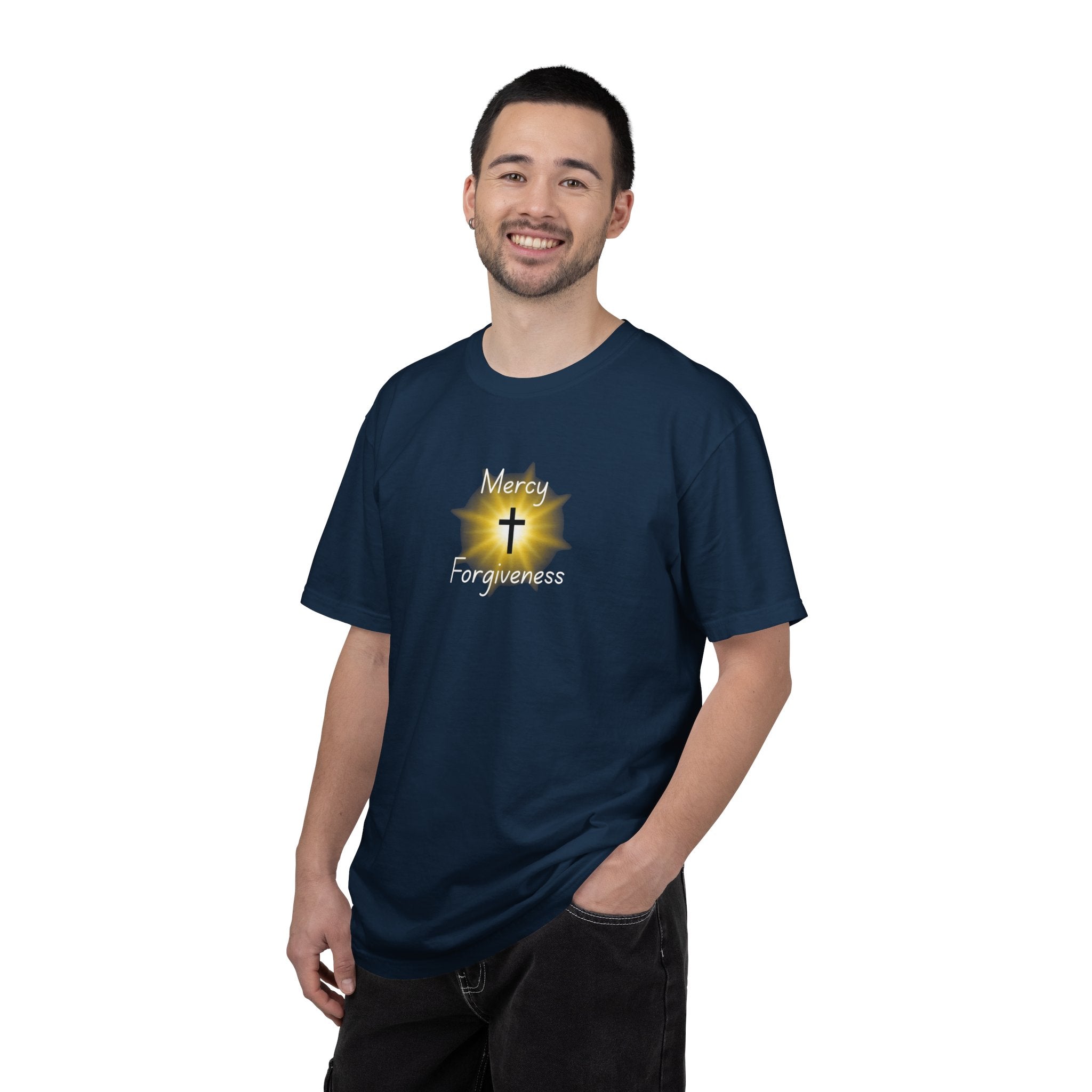 Christian Mercy & Forgiveness T-Shirt — Scripture Cross Back Design