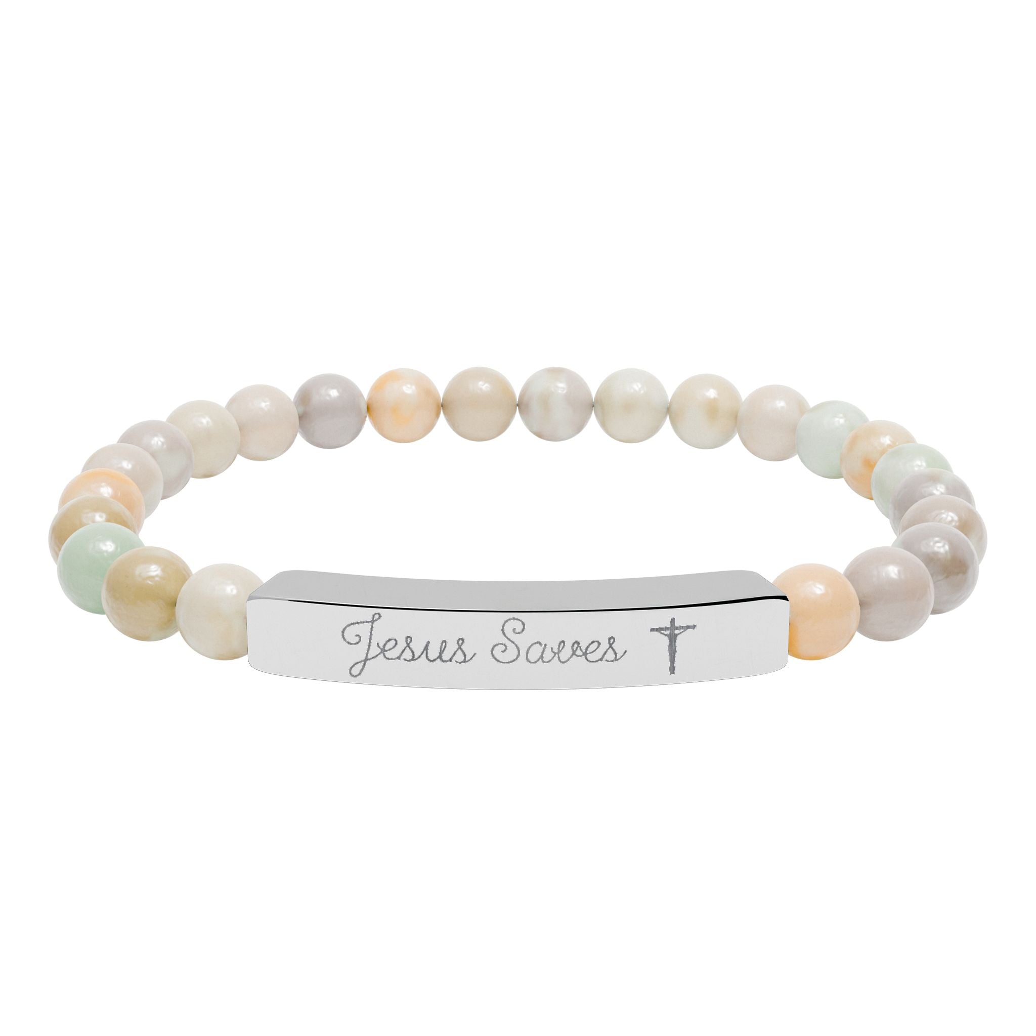Engraved Natural Stone Stretch Bracelet — Personalized Bar Bead Bracelet ("Jesus Loves")