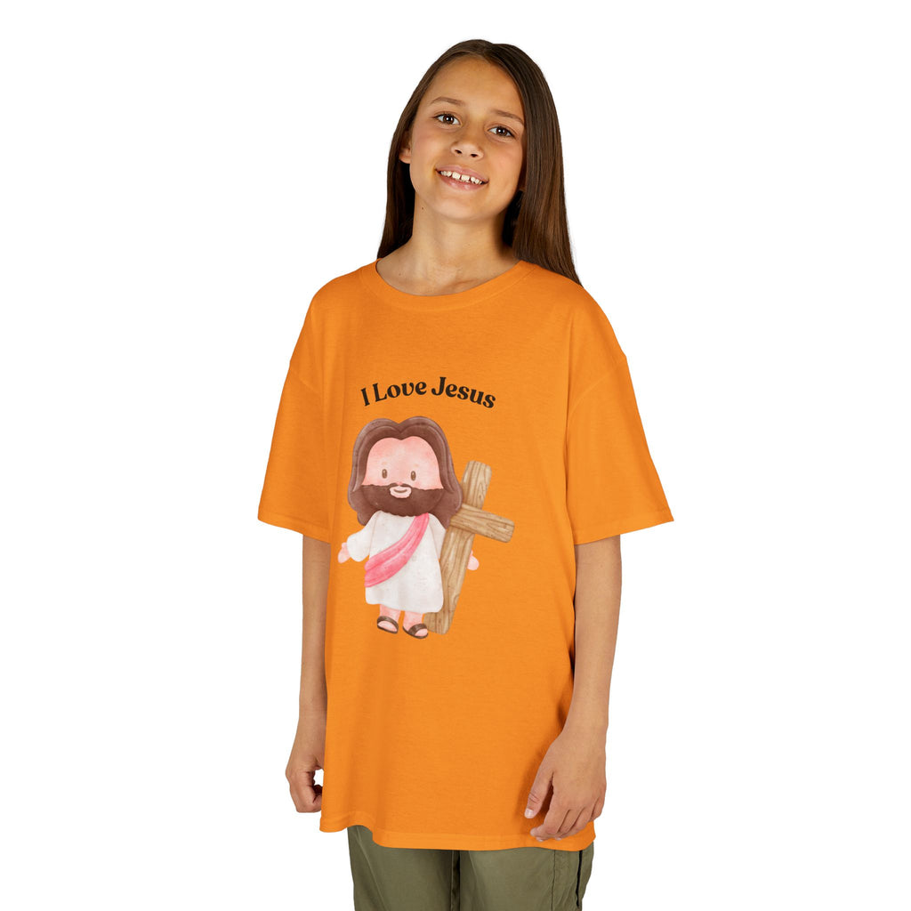 Kids T-Shirt — Cute "I Love Jesus" Cartoon Jesus Holding Cross — Christian Easter Gift for Children