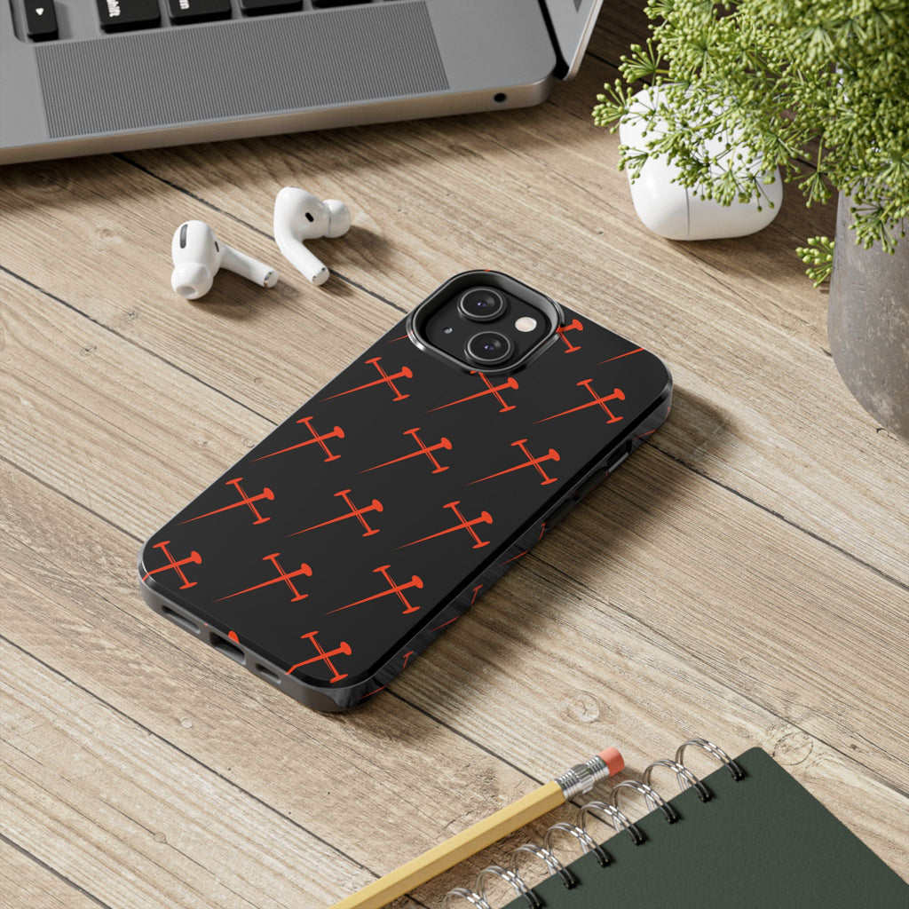 Black Tough Phone Case with Orange Nail Cross Pattern