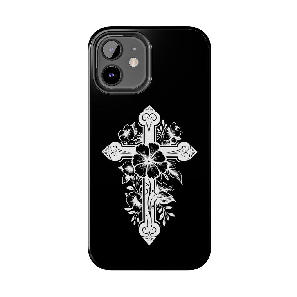 Floral Cross Tough Phone Case — Black Protective Christian Phone Cover