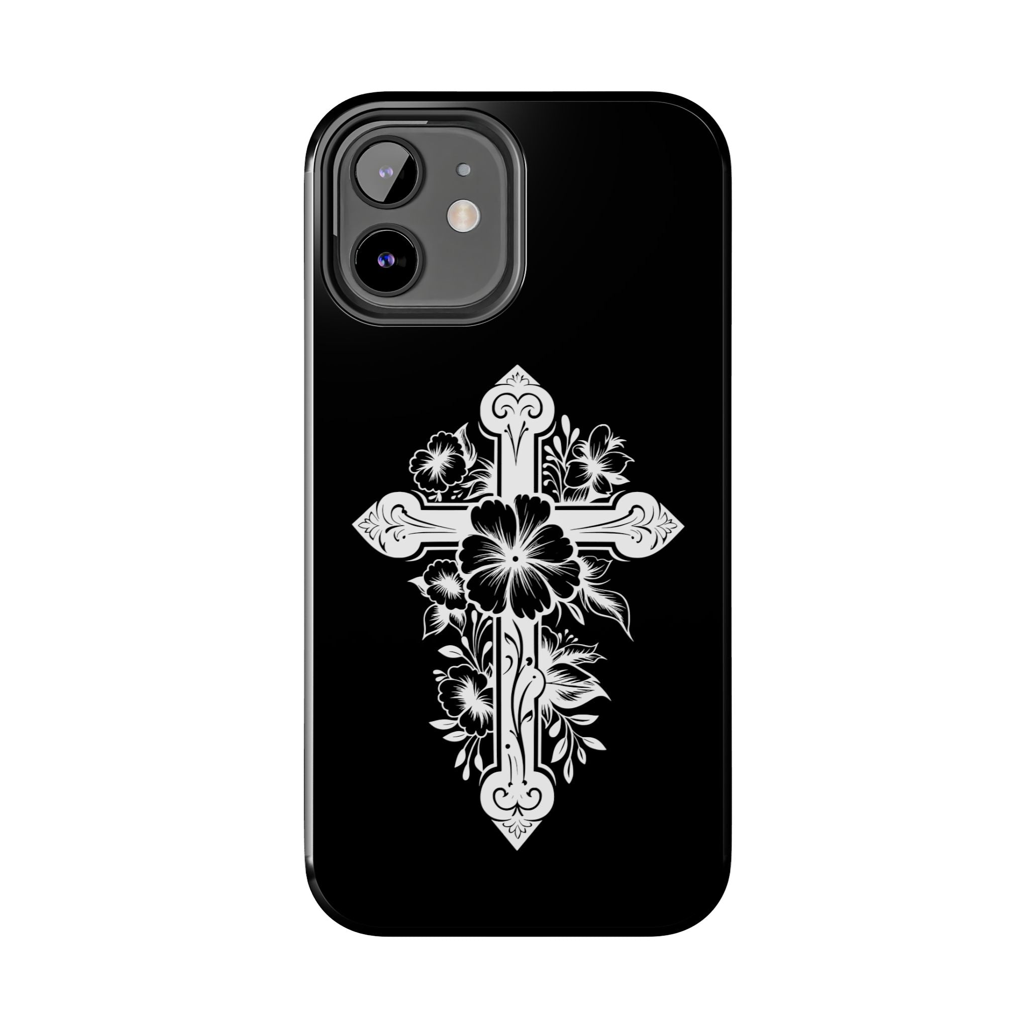 Floral Cross Tough Phone Case — Black Protective Christian Phone Cover
