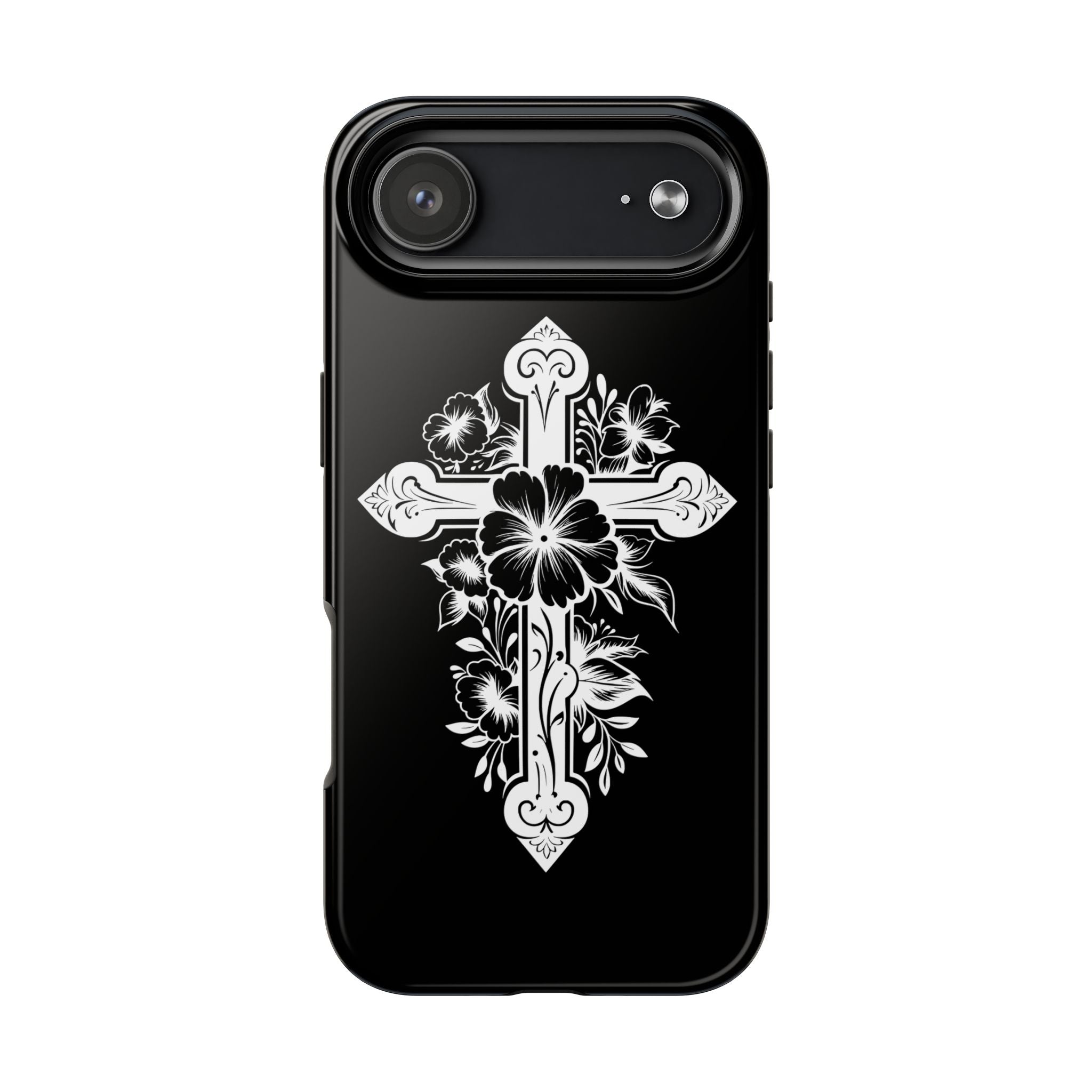 Floral Cross Tough Phone Case — Black Protective Christian Phone Cover