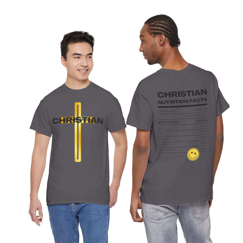 Christian Nutrition Facts Tee — Faith-Based Graphic T-Shirt with Cross & Nutrition Label Back