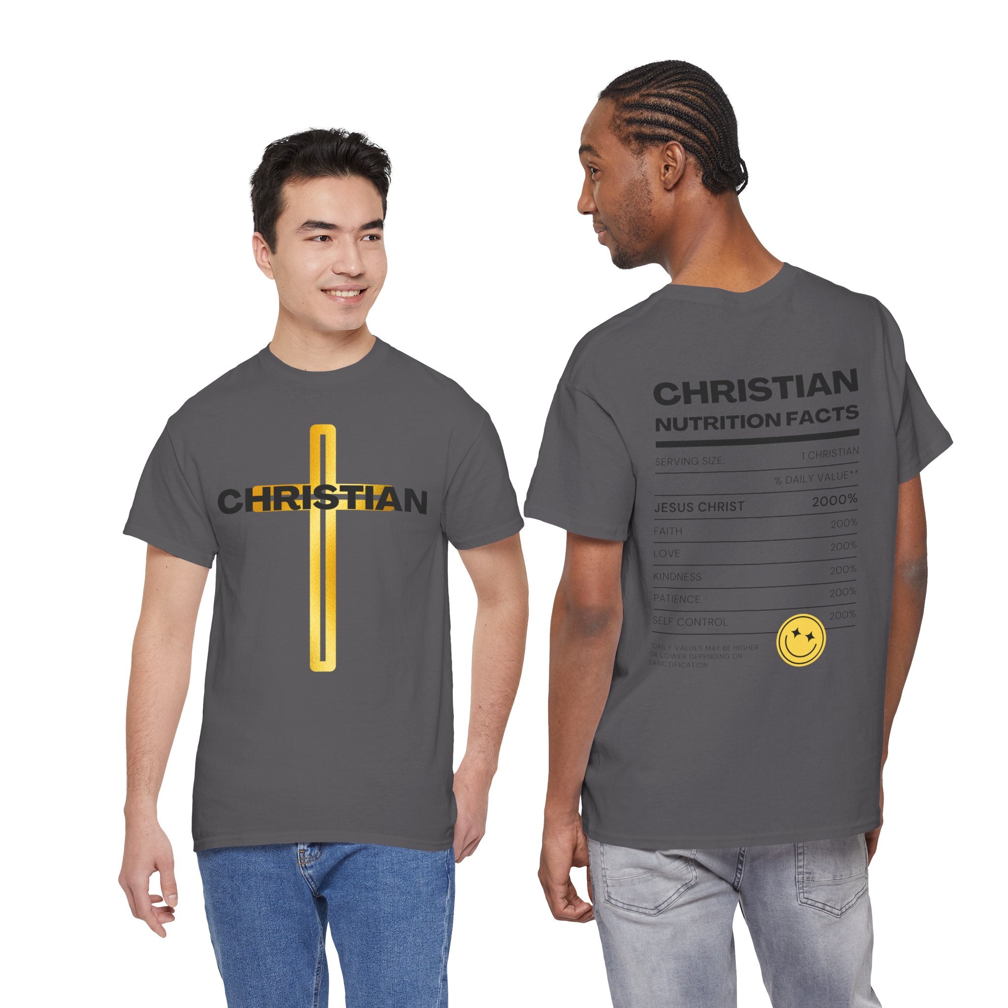 Christian Nutrition Facts Tee — Faith-Based Graphic T-Shirt with Cross & Nutrition Label Back