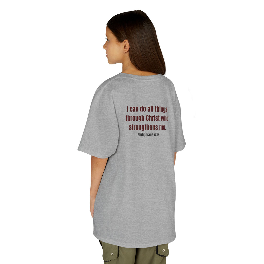 Kids Tee — "Strong" Muscle Graphic with Philippians 4:13 Back (Christian Inspirational)