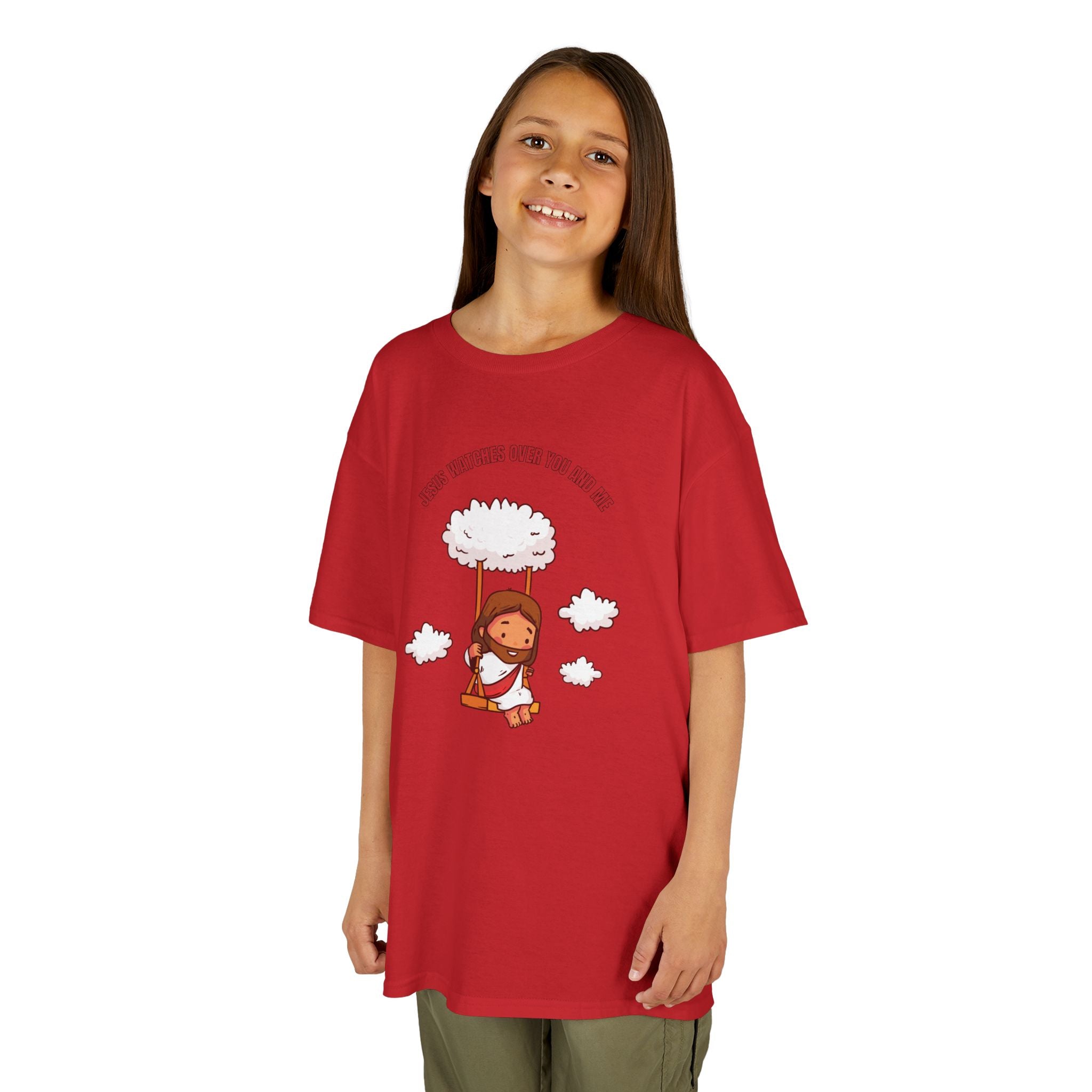 Kids Tee — Cute Jesus on Swing Under Cloud "Jesus Watches Over You and Me"