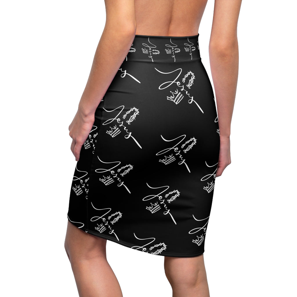 Signature Script Pencil Skirt — Black All-Over Print