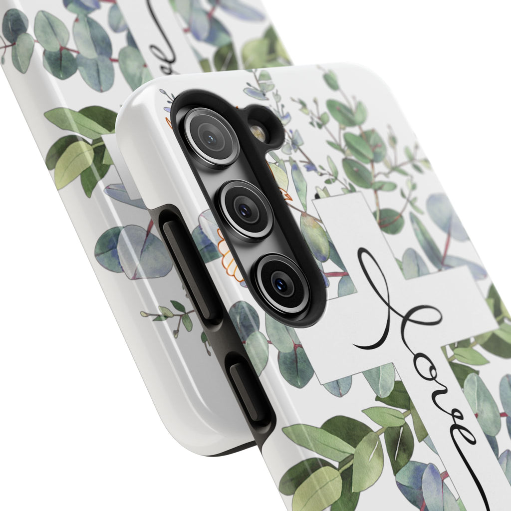 Religious Cross Tough Phone Case — Eucalyptus Floral "Love" Design