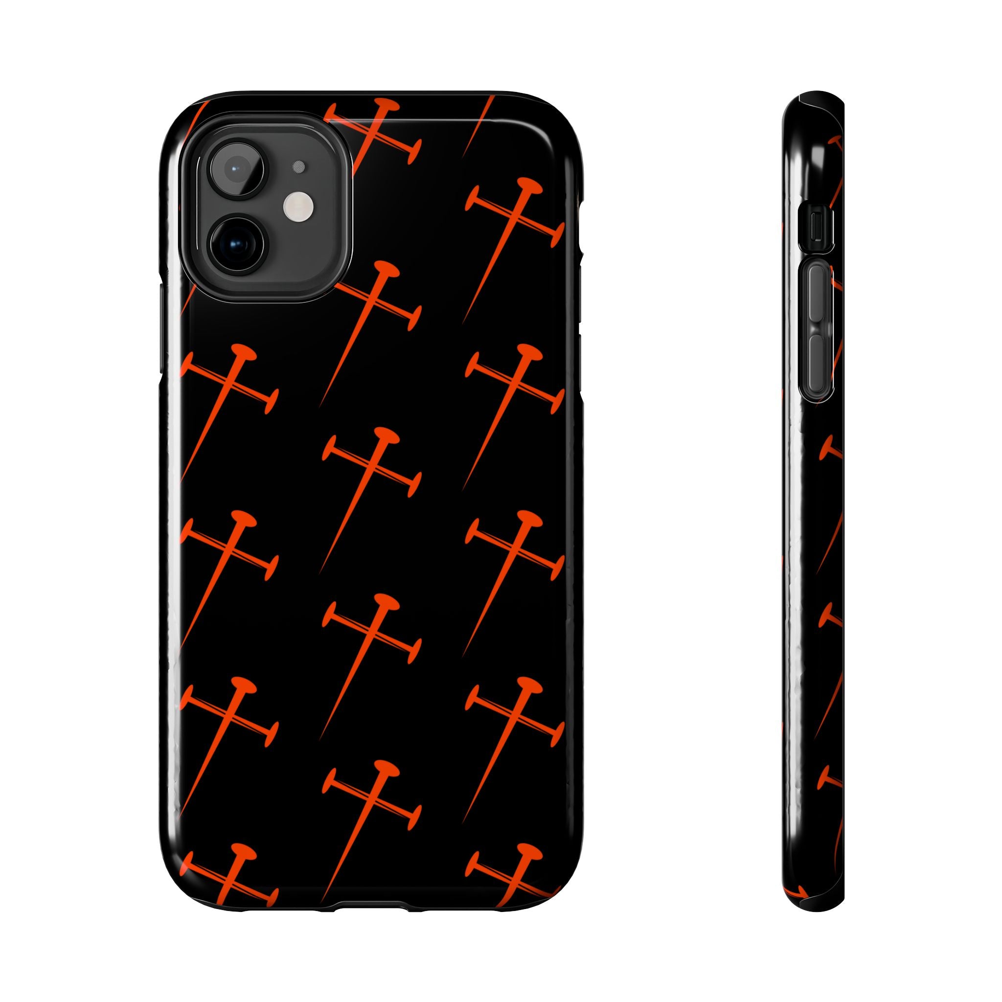 Black Tough Phone Case with Orange Nail Cross Pattern