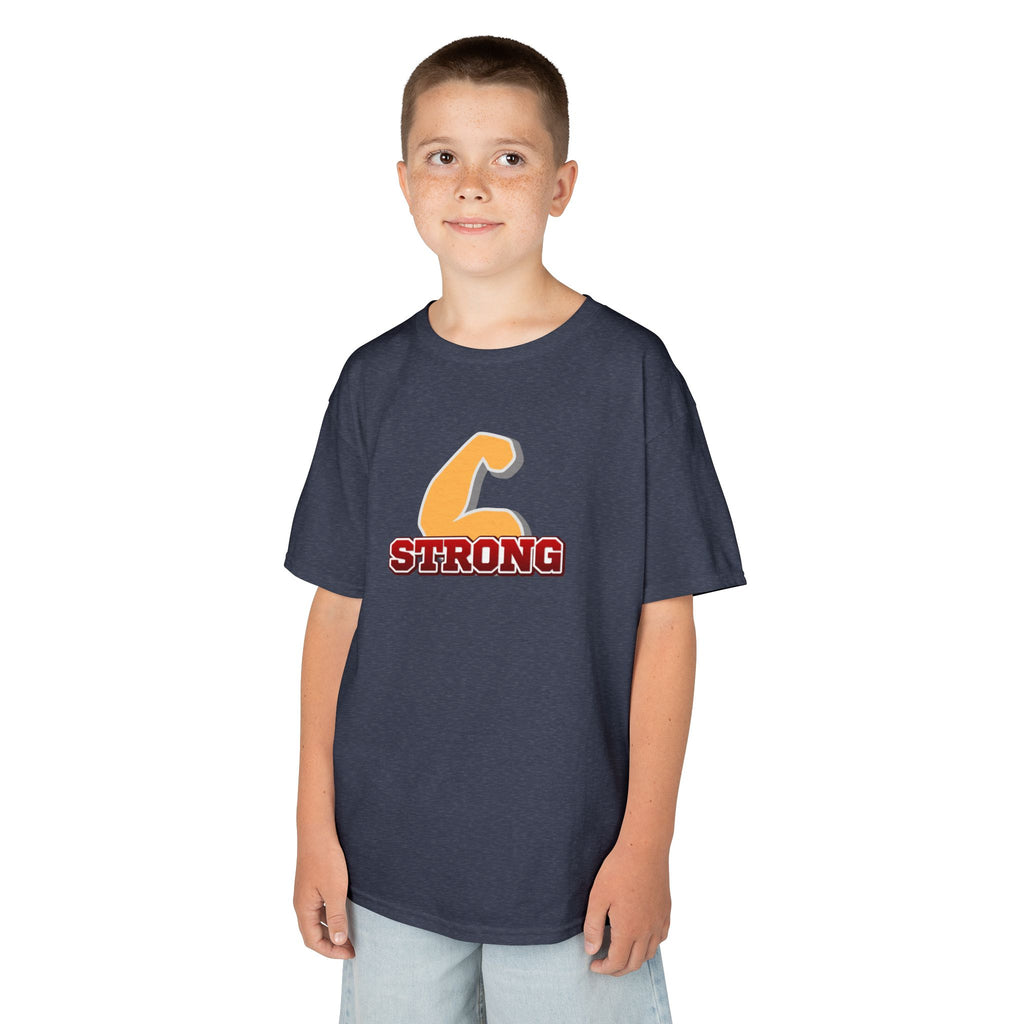 Kids Tee — "Strong" Muscle Graphic with Philippians 4:13 Back (Christian Inspirational)