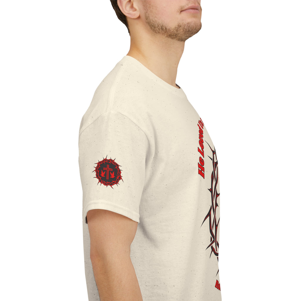 He Loved Us So He Died For Us Tee — Christian Faith T-Shirt with Crown of Thorns Cross Design Romans 5:8
