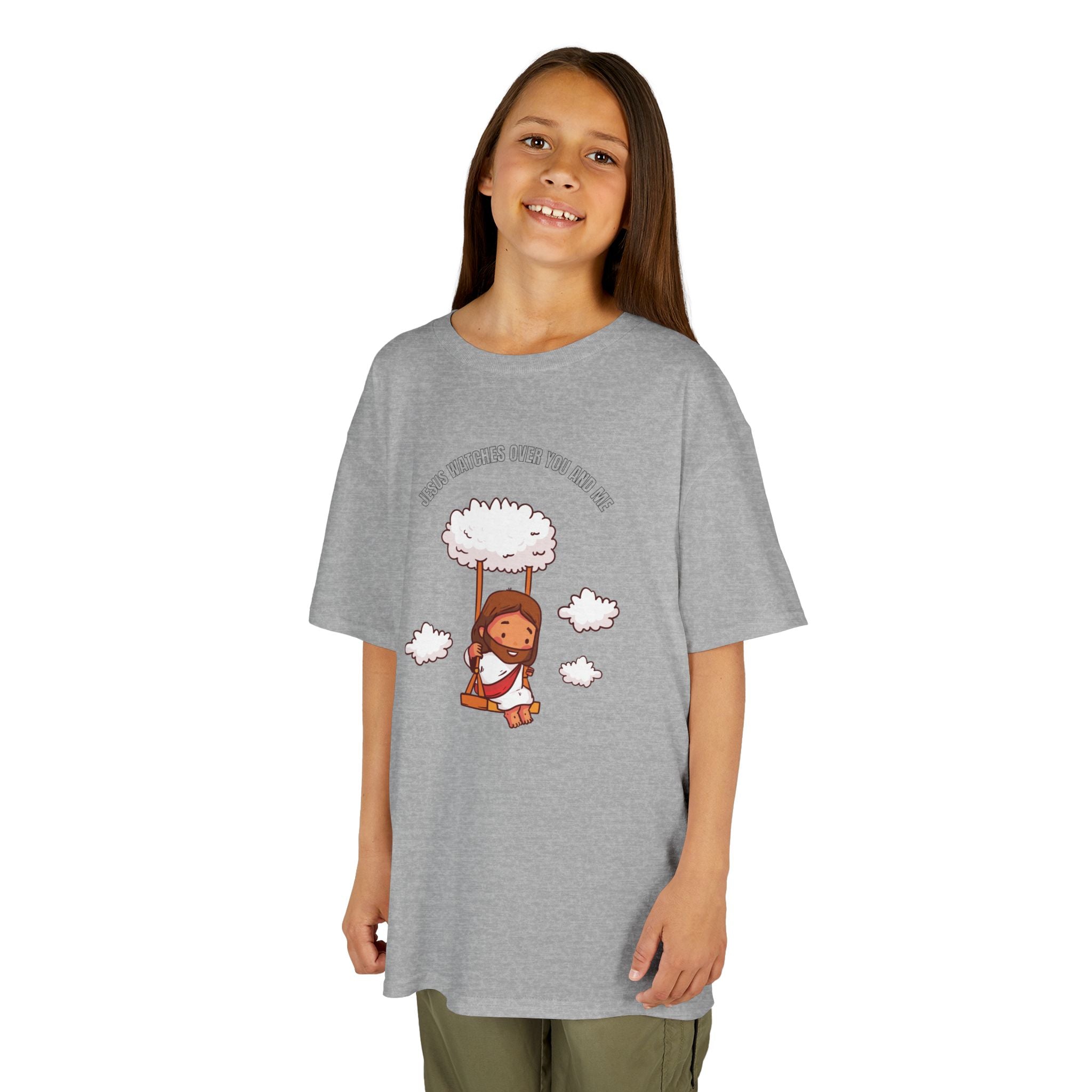 Kids Tee — Cute Jesus on Swing Under Cloud "Jesus Watches Over You and Me"