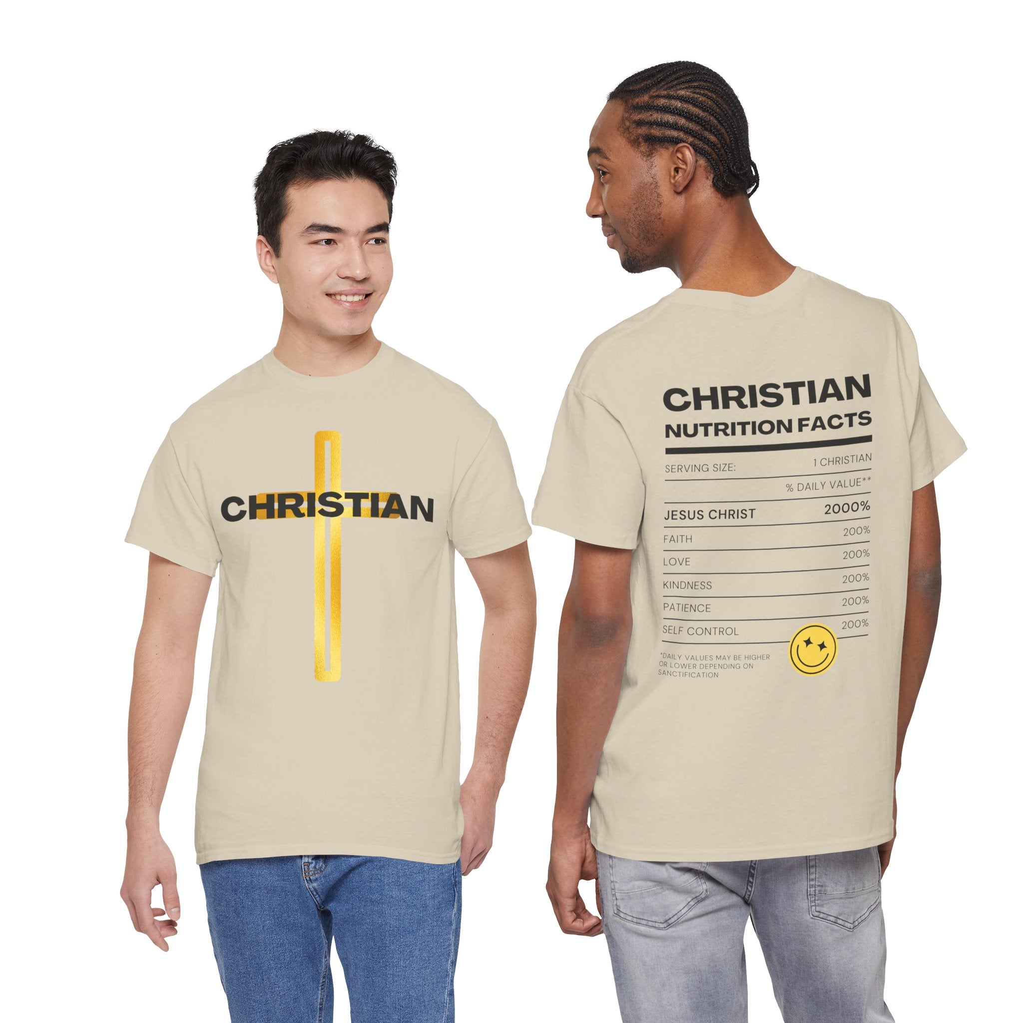 Christian Nutrition Facts Tee — Faith-Based Graphic T-Shirt with Cross & Nutrition Label Back