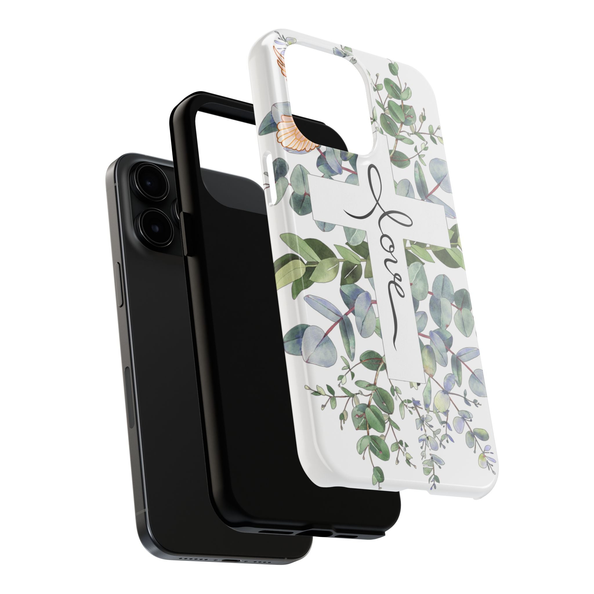 Religious Cross Tough Phone Case — Eucalyptus Floral "Love" Design