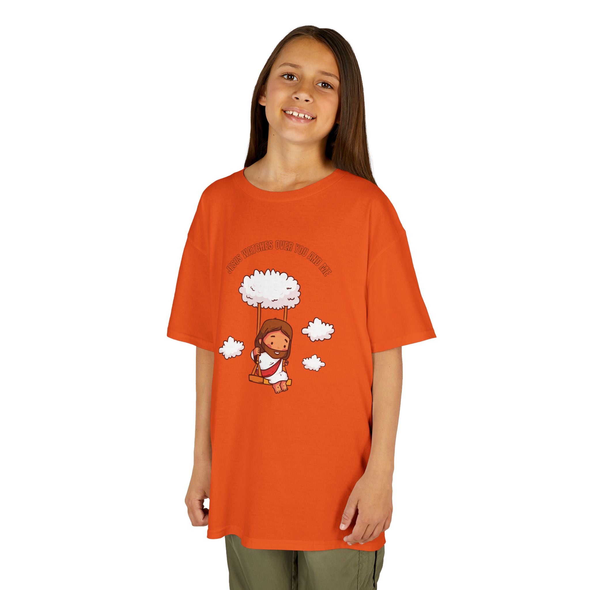 Kids Tee — Cute Jesus on Swing Under Cloud "Jesus Watches Over You and Me"