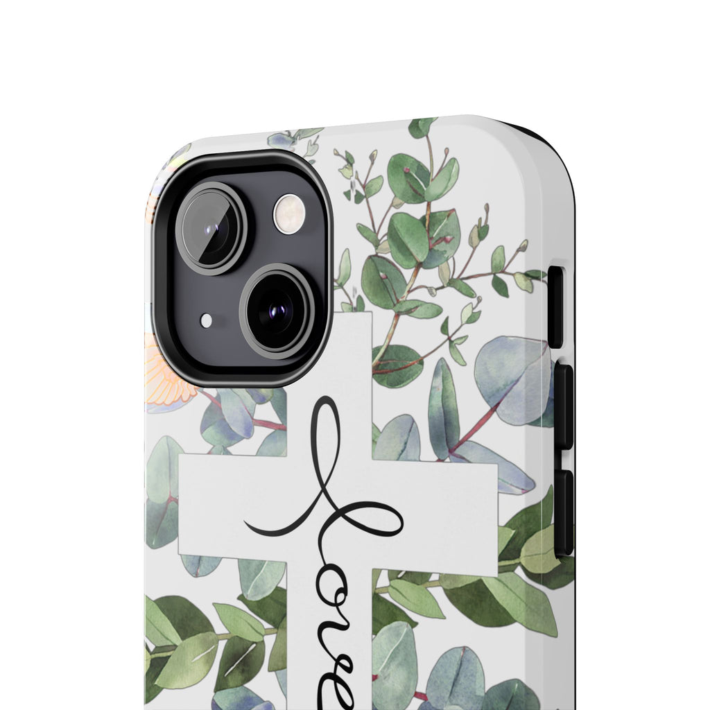 Religious Cross Tough Phone Case — Eucalyptus Floral "Love" Design