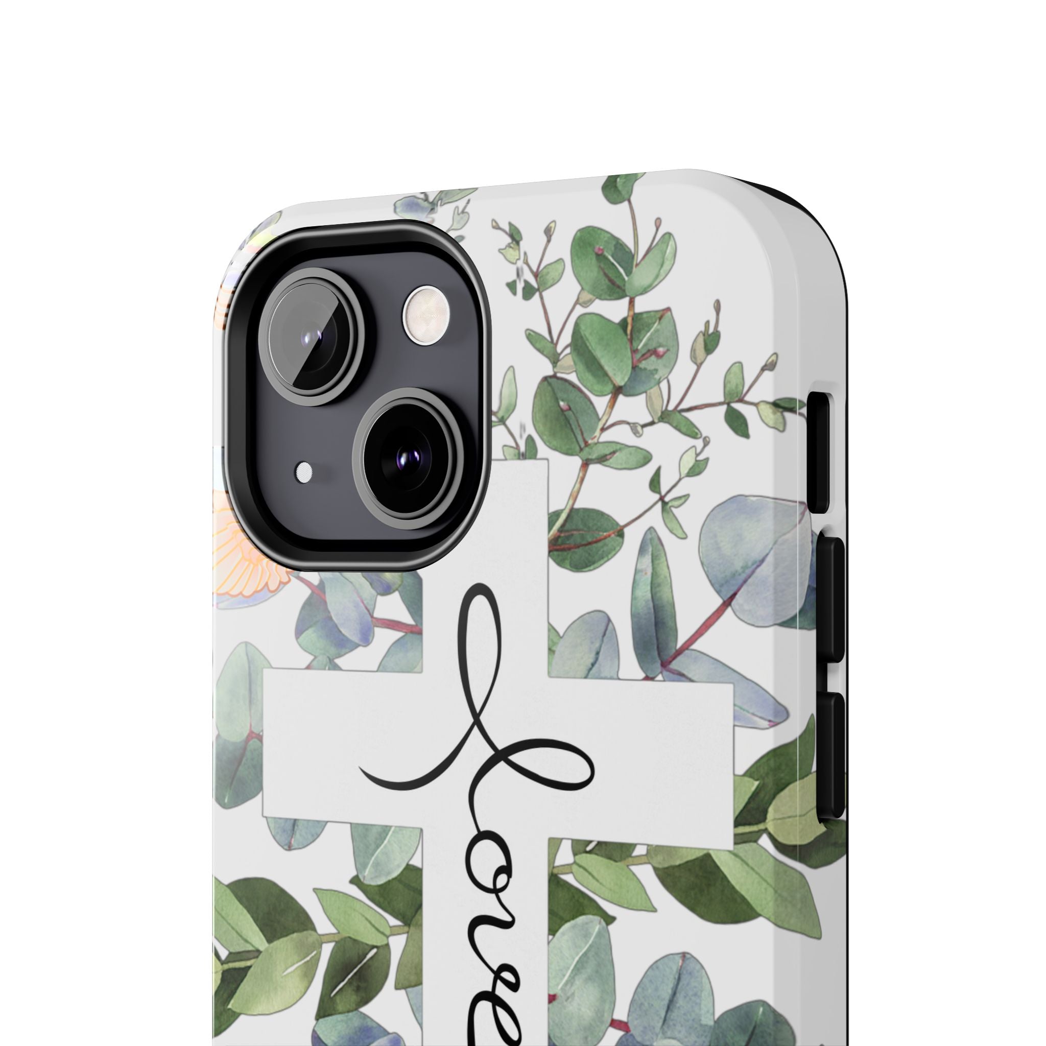 Religious Cross Tough Phone Case — Eucalyptus Floral "Love" Design