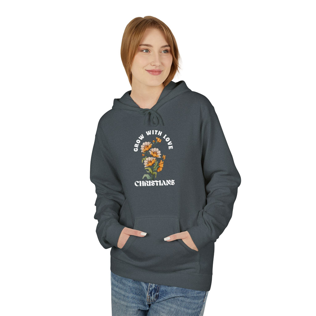 Christian Hoodie – "Grow in Love" Floral Cross with Ephesians 4:2 Verse Back